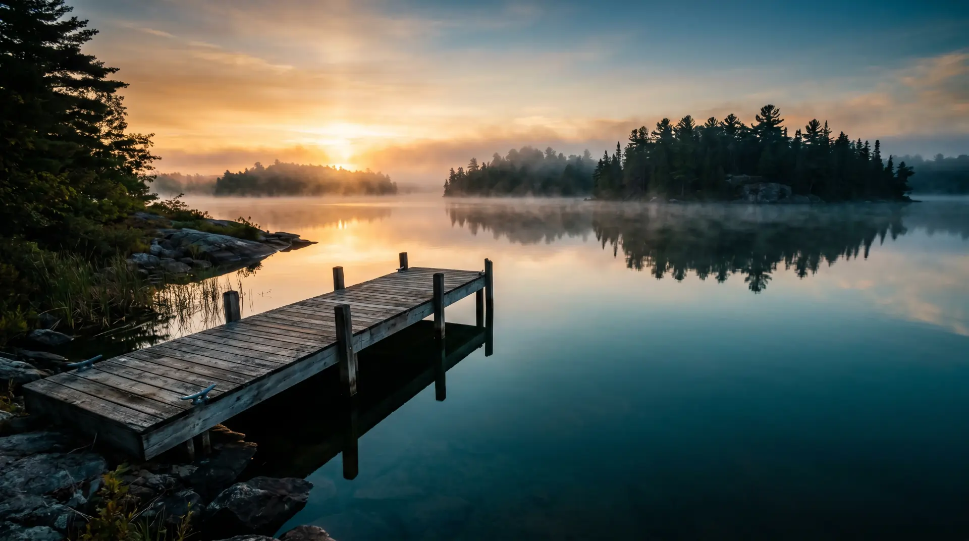 Sunrise over a misty Kawartha lake with a wooden dock and pine-covered islands
