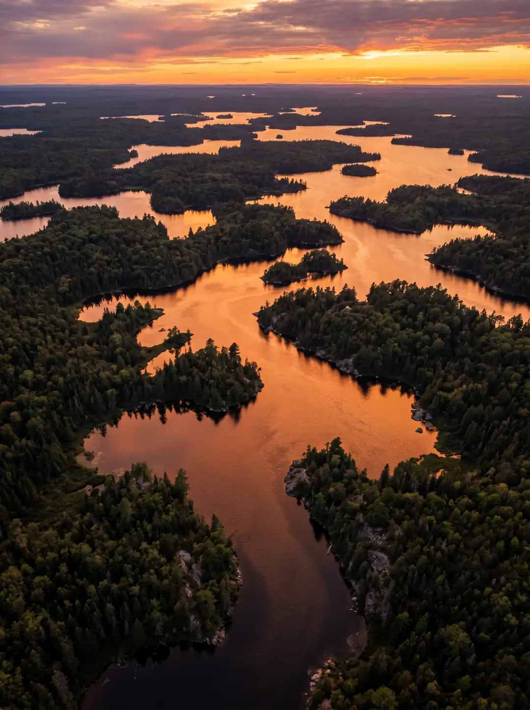 Aerial view of interconnected Kawartha lakes at sunset