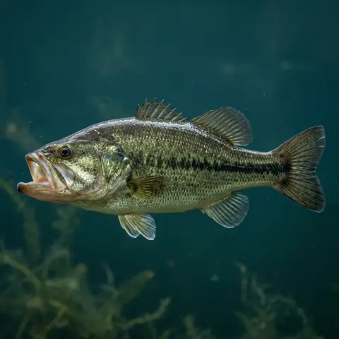 Largemouth bass, dark green with a wide mouth